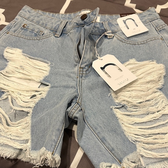 High Waist Distressed Denim Shorts - Light Blue - Picture 1 of 5